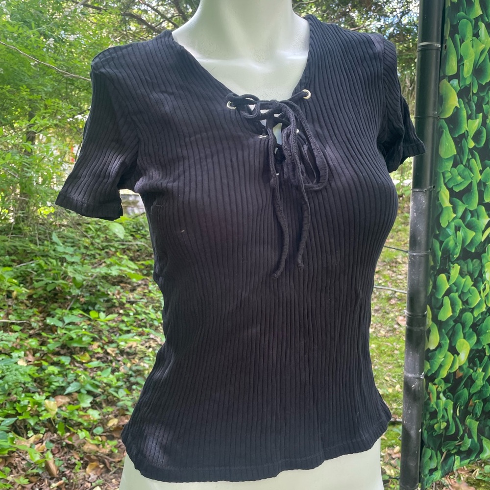 Zara Trafaluc Black Lace-Up Ribbed Top S Small Cotton Fairycore